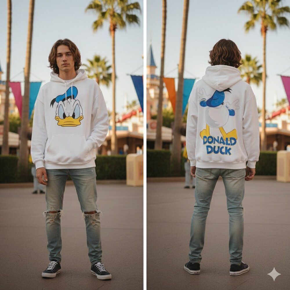 Vintage Disneyland Walt Disney World Donald Duck White Hoodie Men's Size Small